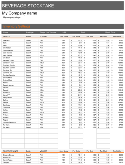 Beverage Stocktake Excel Template